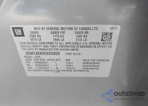 2012 Chevrolet Equinox 1Lt из США, поврежденный, VIN 2GNFLEEKXC6233525